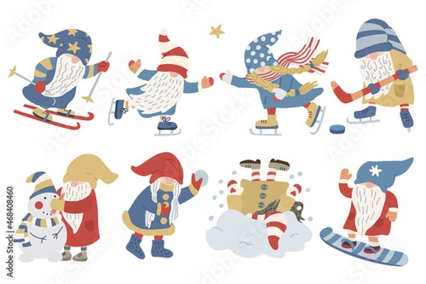 Fototapeta Winter sports and recreation. Set with funny gnomes playing hockey, snowballs, snowboarding, skiing, skating, making snowman. Hand drawn  flat illustration. Red. yellow and blue colors.