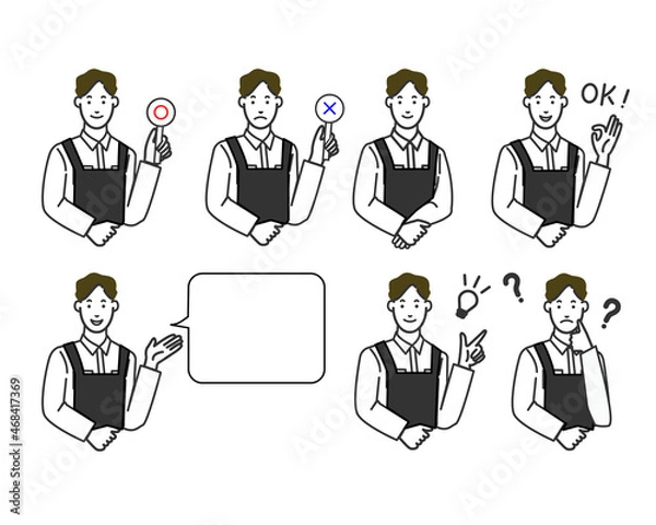 Obraz 黒いエプロンをしたカフェ定員風のアジア人好青年の表情のバリエーションの白バックのシンプルな線画のイラスト