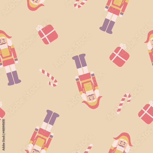 Obraz Christmas and New Year seamless pattern with nutcrackers and lollipop. Seasonal design for gift wrap, fabric, cards, invitation, kids, banner, poster.