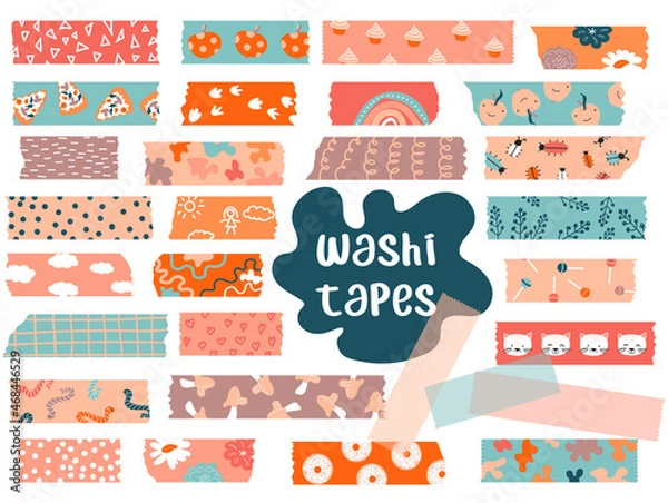 Obraz Washi tapes. Vector set pieces of paper with abstract spots, elements, cute apples, beetles, donuts, flowers. Masking tape for frames, scrapbooking, borders, web graphics, crafts, stickers.