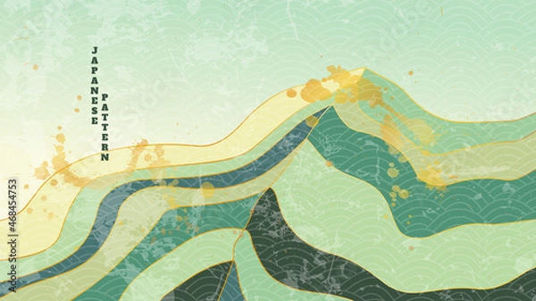 Fototapeta Vector illustration. Mid century modern graphic. 60s retro art. Grunge texture. Minimalist mountain landscape. Luxury design elements for web banner, wallpaper. Gold splashes. Hand drawn line pattern