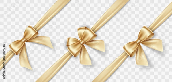 Fototapeta Set of satin decorative golden bows with horizontal yellow ribbon isolated on white background. Vector gold bow and gold ribbon