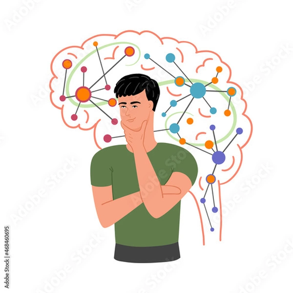 Fototapeta Thinking man with the brain silhouette and brain impulses.  Brain activity concept. Vector illustration.