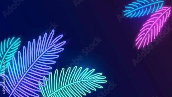 Fototapeta Dark background with blue glowing neon leaves of tropical plants in the corners