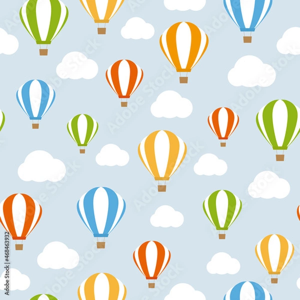 Fototapeta Seamless pattern with hot air balloons and clouds. Vector Illustration. It can be used for wallpapers, wrapping, cards, patterns for clothes and other.
