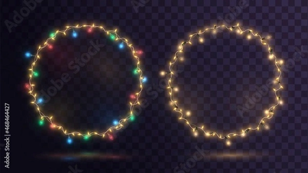 Fototapeta Multicolored and gold glowing garlands in the form of a ring, festive round frame