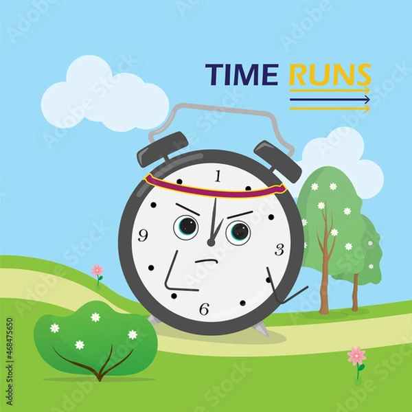 Obraz Time runs poster with an image of a running clock with a bandana. The sky has clouds, there is trees and flowers in the background. Time passes by, seize the opportunity, enjoy life. 