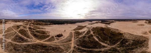 Fototapeta 360 degree panorama ready for use in VR invironment super wide aerial Loonse en Drunense Duinen sand dunes in The Netherlands. Unique Dutch natural phenomenon of sandbank drift plain seen from above. 