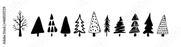 Obraz Christmas tree doodle set. Hand drawn xmas decorations icons. Vector illustration christmas trees isolated on white background. Design elements for holiday greeting card, gift tag.