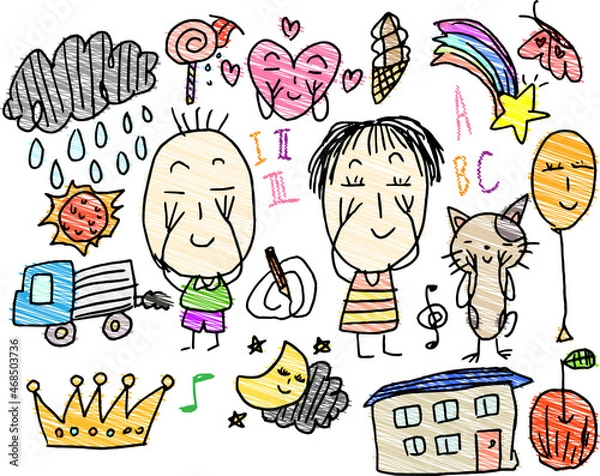 Fototapeta 子供が描いた落書きセット お絵かき