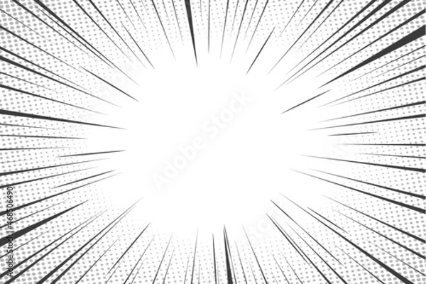 Obraz Motion radial lines and Halftone background. Isolated on white background. Comics book style, explosion background. Manga action Speed lines frame. Cartoon template design. Vector illustration