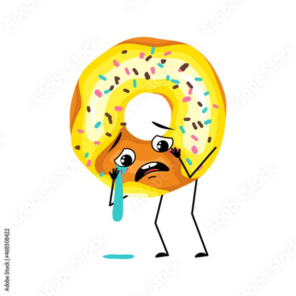 Fototapeta Cute glazed donut character with crying and tears emotion, sad face, depressive eyes, arms and legs. Baking dessert with melancholy expression. Vector flat illustration