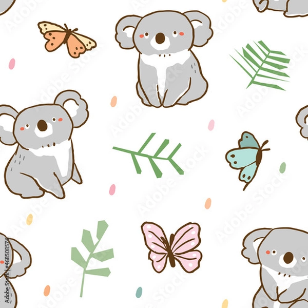 Obraz Seamless Pattern with Koala Bear, Butterfly and Leaf Illustration Design on White Background
