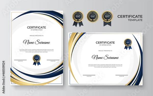 Obraz Modern blue and gold certificate template. Diploma certificate border template set with badges for award, business, and education