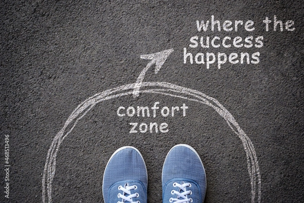 Fototapeta Exit from comfort zone concept. Feet in blue jeans sneakers standing inside circle and outward arrow chalky on asphalt.