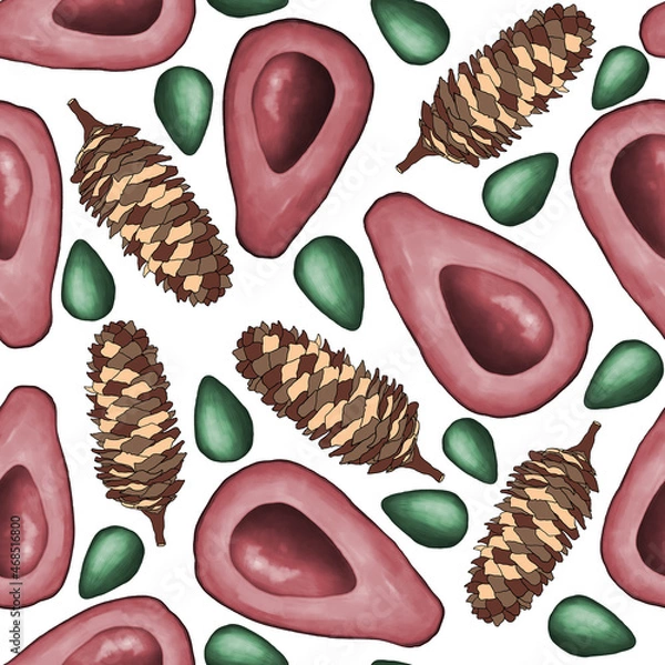 Obraz Coniferous cones, green seeds, avocado halves on a white background. Seamless pattern. Design for fabric, packaging, printing, paper. Digital illustration.
