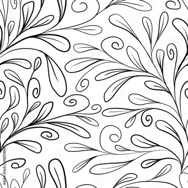 Fototapeta Hand drawn branches and leaves on a white background. Seamless pattern. Design for cloth, print, paper, card.