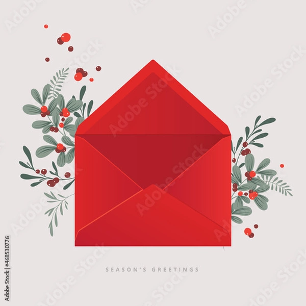 Fototapeta Christmas season's greetings template. Classic envelope with winter botanical decoration, flowers and greenery, xmas plants and berries