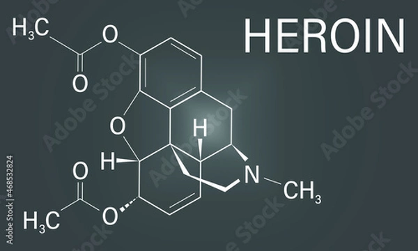Fototapeta Heroin molecular structure isolated flat vector sign. Heroin (diacetylmorphine, morphine diacetate, diamorphine) opioid drug molecule.
