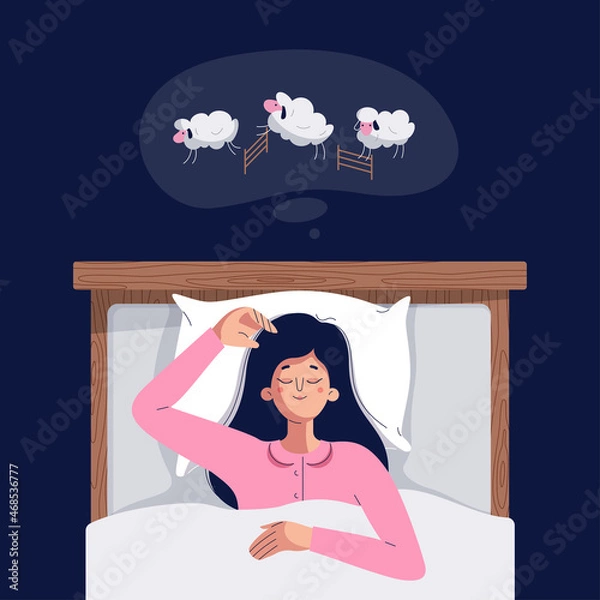 Fototapeta Sleeping woman vector illustration. Cute sleepy girl lying in the bed under soft duvet, having a good dream. Dream cloud with sheep. Sleep tight, sweet dreams, fast asleep concept for web.Flat design