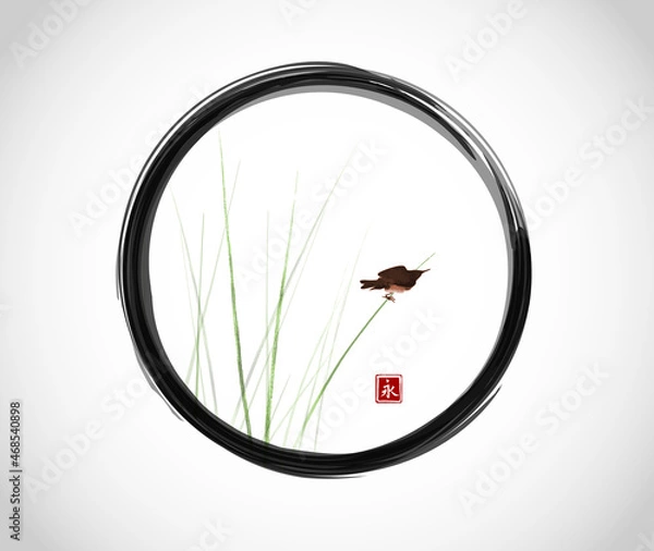Fototapeta Bird sitting on reed grass stem in black enso zen circle on white background. Traditional Japanese ink wash painting sumi-e in minimalist style. Translation of hieroglyph - eternity