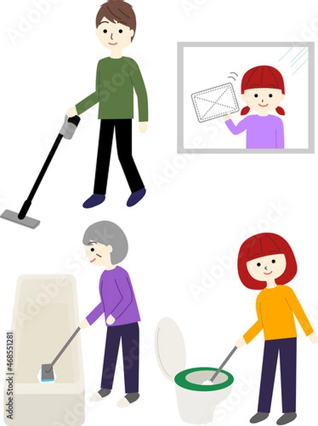 Fototapeta 父、母、娘、祖母の家族でお掃除セット