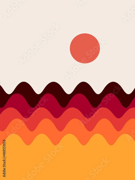 Fototapeta Abstract colorful seascape illustration with yellow, orange, red, brown sea waves, sandy beach and sun decoration