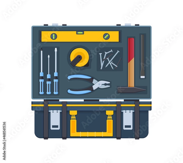 Obraz Kit household instruments open box. Craftsman equipment for repair and construction. Toolbox case