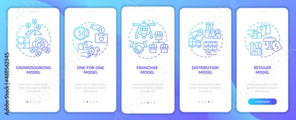 Obraz Business model types gradient onboarding mobile app page screen. Enterprise walkthrough 5 steps graphic instructions with concepts. UI, UX, GUI vector template with linear color illustrations