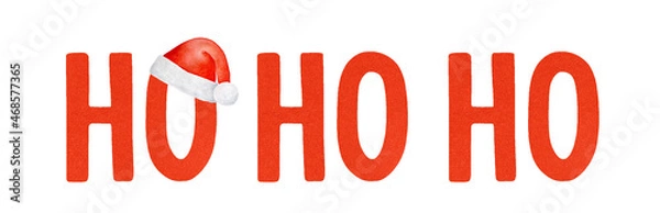 Obraz Watercolor illustration of bright red Christmas phrase: "Ho Ho Ho", decorated with cute Santa's hat. Hand painted water color sketchy drawing, cut out clip art element for creative design decoration.