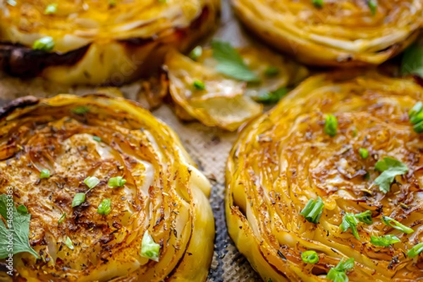 Fototapeta Roasted cabbage steak, baked cabbage in the oven with spices close-up. Vegan cuisine, white cabbage recipe. Homemade authentic dish, baked vegetables background. Healthy food concept, vegetable side 