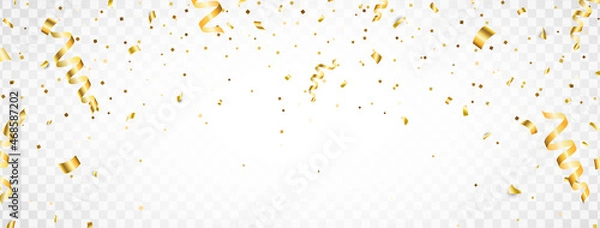 Fototapeta Falling shiny gold confetti. Glitter confetti frame on long background. Anniversary celebration banner. Bright festive tinsel. Birthday party backdrop. Holiday design elements. Vector illustration