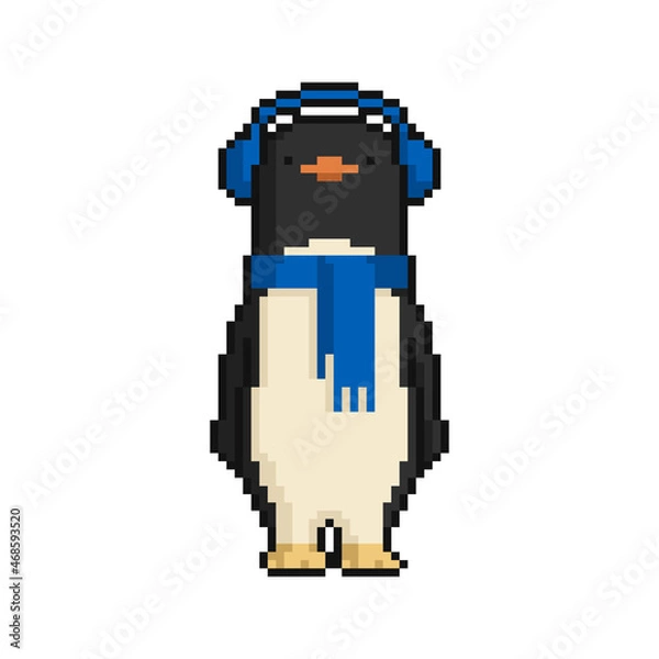 Obraz Cartoon penguin in warm headphones and scarf. New Year and Christmas pixel art on white background. Vector illustration.