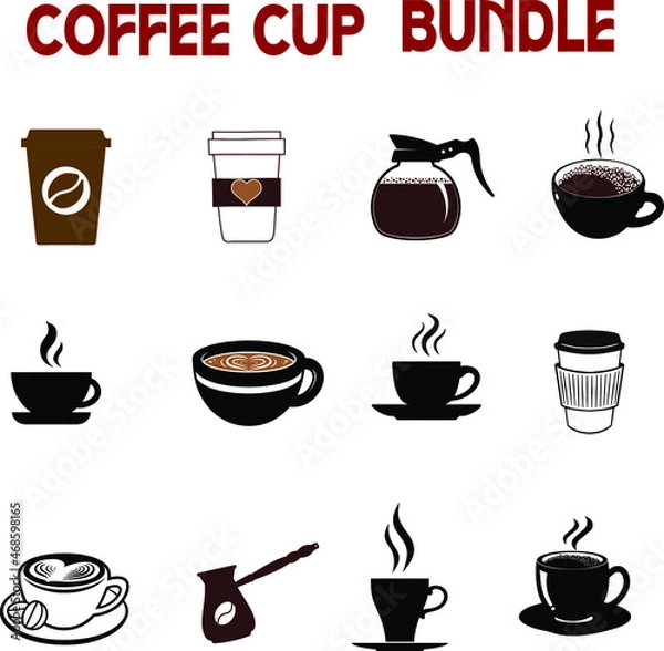 Fototapeta Coffee cup Set, Set of vector cups with coffee, Coffee cup logo, Coffee Monogram collection, vector outline illustration and silhouette collection