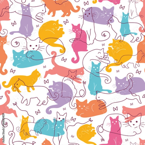 Obraz Vector Colorful Cats Seamless Pattern Background. Cute, hand
