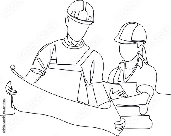 Fototapeta Minimal vector illustration. View of a Worker and architect watching some details on a construction. Continuous line draw of architects at a construction site looking at plan