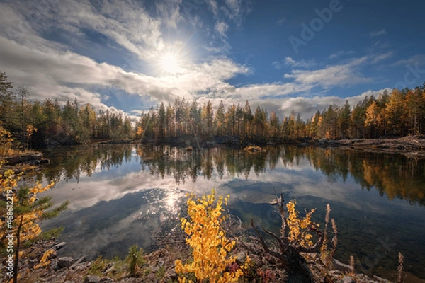 Fototapeta A fine sunny day was pleasing with colors on a small lake not far from Kem river