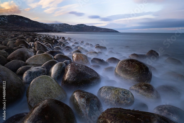 Fototapeta Sunset on the ocean and beautiful sunset with mystical fog in the foreground