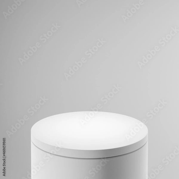 Fototapeta White cylindrical pedestal or podium, light gray background. Mock up design for showcase, display case, shopfront. 3d render.
