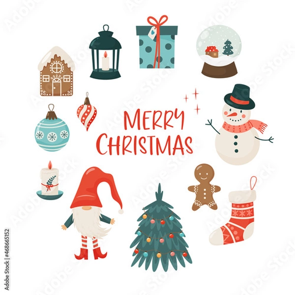 Fototapeta Christmas and New Year collection of seasonal elements in circular shape. Hand drawn vector illustration