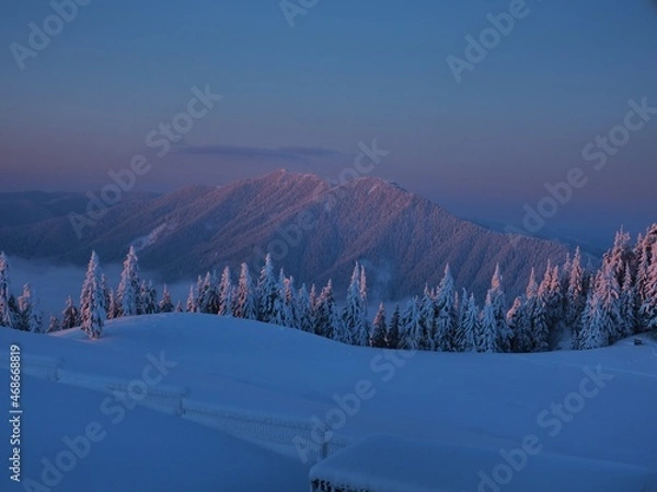 Fototapeta Snowy mountainside in the colours of dawn