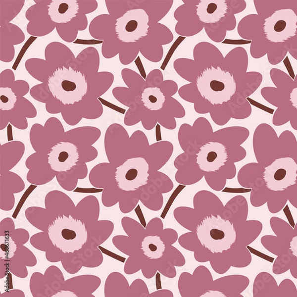 Fototapeta Seamless simple cute pattern of large pink flowers on light rose background.Endless floral ornament with beautiful blossoms.Colourful backdrop for fabric,textile,linen,covers,wrapping,decoupage.Vector