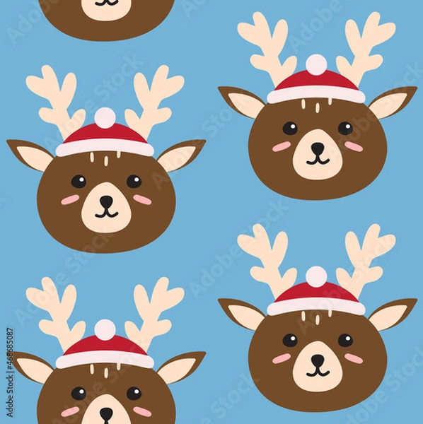 Fototapeta Vector seamless pattern of flat cartoon doodle deer face in Christmas hat isolated on blue background