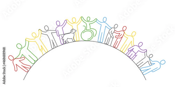 Fototapeta Inclusion and diversity concept. Line icon of inclusion. Line style silhouettes of people. Editable stroke.