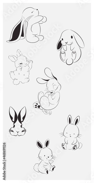 Fototapeta Collection Cute Rabbit Bunny Doodle Cartoon Tattoo Sticker Art Design Illustration Graphic