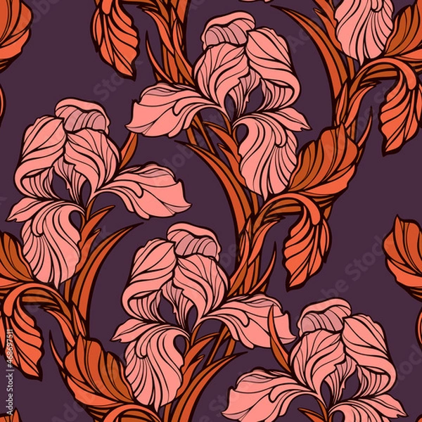 Fototapeta Seamless pattern with flowers irises and roses