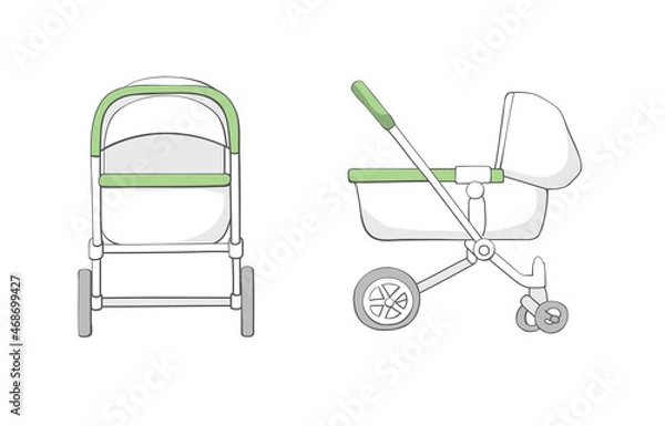 Fototapeta Set of two baby strollers. Vector isolated stock flat color image on a white background. 