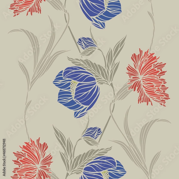 Fototapeta Seamless pattern with floral ornament. Vector flowers poppy, rose and carnation.