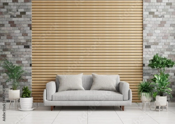 Fototapeta Living room with a sofa on the floor, plant pots on the sides and a wooden wall in the back.3d rendering.