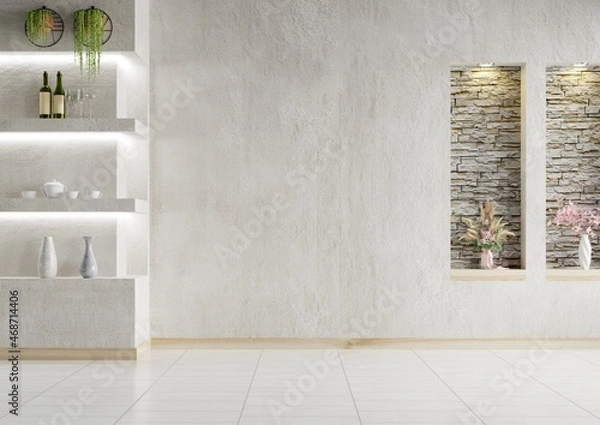 Obraz Living room with empty concrete walls decorated with flower vases and wine bottles.3d rendering.